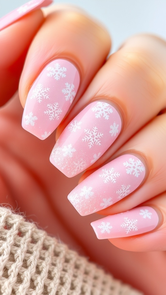 Close-up of pink Christmas nail art with snowflakes and glitter.
